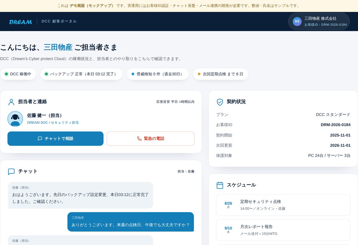 DCC顧客ポータルの画面